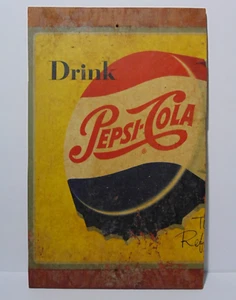 1950s Old Vintage Pepsi Cola Advertising Sign Wood Panel Bottle Cap Soda Sign - Picture 1 of 16