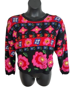 Vintage 90er Vittadini Damen Grobstrick Blumen Pullover Large 100% Baumwolle E569 - Bild 1 von 9