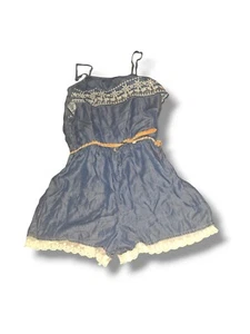 Justice Chambray Romper Girls Size 18 Peasant Cottagecore Denim Lace Sequins - Picture 1 of 11