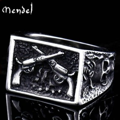 Anillo de pistola calavera vaquero occidental motociclista punk de acero inoxidable MENDEL para hombre talla 7-13 Foto 1 de 4