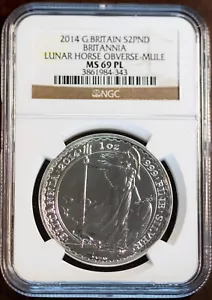 2014 $1 Silver G. Britain 2lb Lunar Horse Obv Mule MS69PL # 3861984-343 + Bonus - Picture 1 of 2
