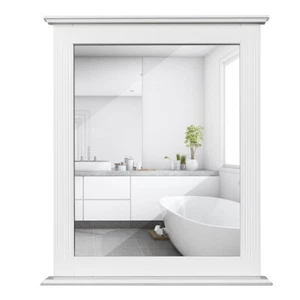 Bathroom Wall-Mounted Mirror W/Shelf Vanity Makeup Mirror Multipurpose White - Picture 1 of 8