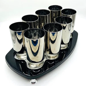 Mercury Collins Cocktail Set 8 Glasses Black & Silver Matching Footed Tray VTG - Picture 1 of 15