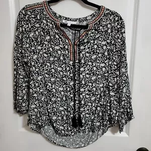 DR2 Navy Floral Print 3/4 Arm V-Rundhals Shirt M Top Quaste Tie - Bild 1 von 8