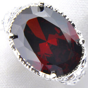 Gorgeous Shiny Huge Oval Cut Fire Red Garnet Gems Silver Woman Ring Size 7 8 9