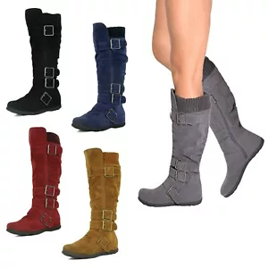 NEW Women Knee High Mid Calf Boots Flat Heel Round Toe Military Strappy Buckle - Picture 1 of 8