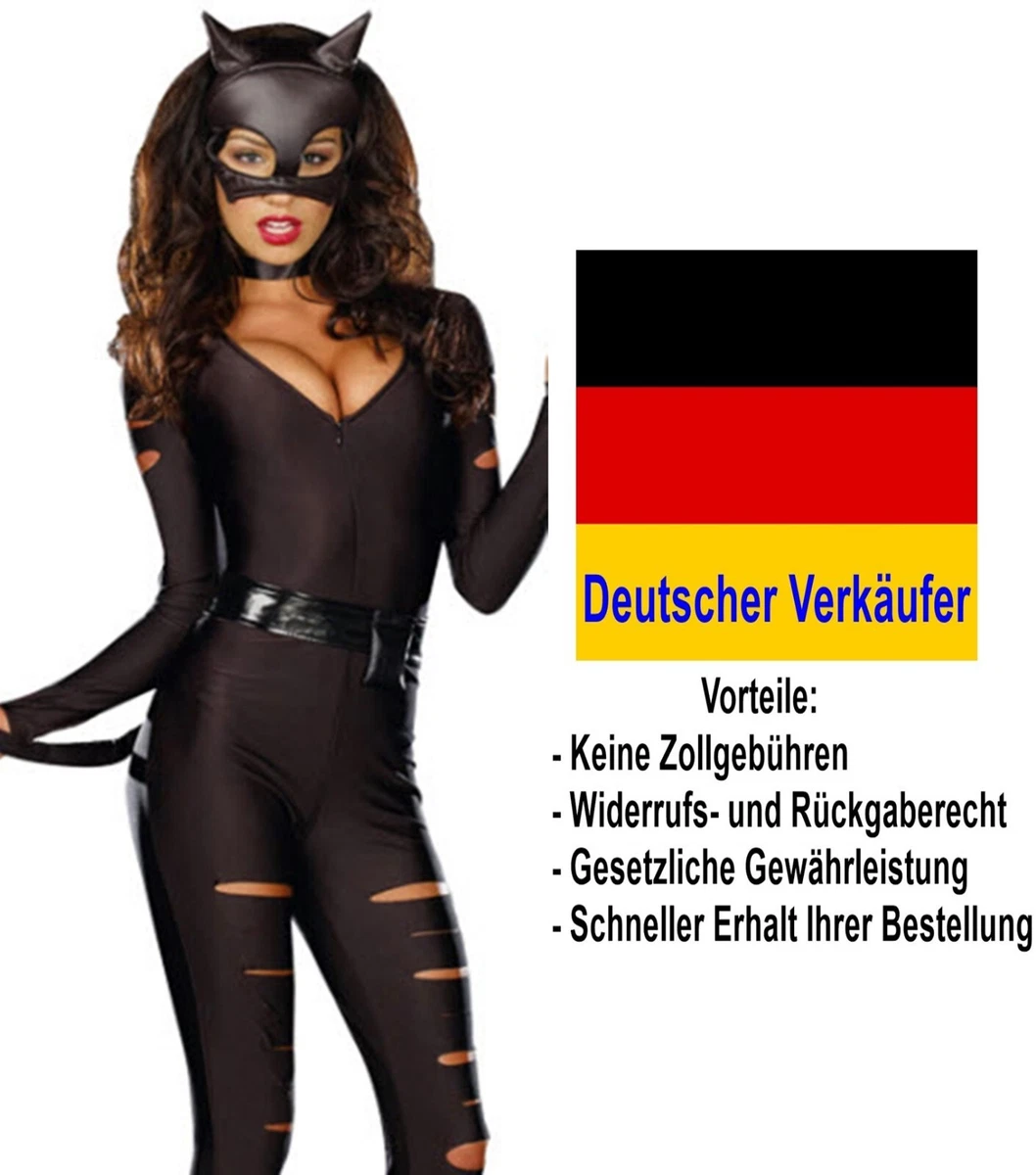 Katzenkostüm Damen – Schwarzer Overall Mit Handschuhen, Augenmaske & Gürtel
