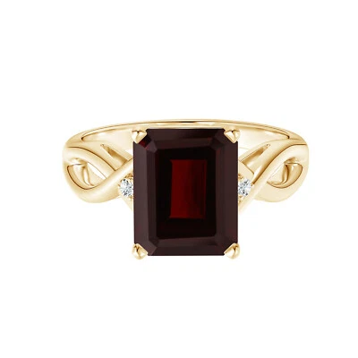Twisted Shank Ring 8x6MM Radiant Cut Garnet Three Stone Ring 14k Yellow Gold - Image 1 of 4