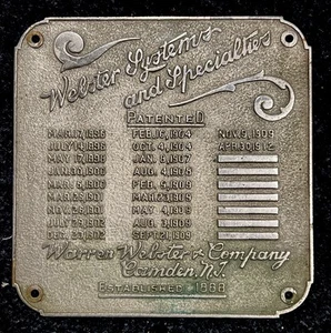 Vintage Webster Systems & Specialties Patent Nameplate. Early 1900s, Camden, NJ. - Bild 1 von 3