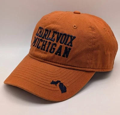 CHARLEVOIX MICHIGAN Boating Sailing Cap Hat Orange Blue Strap Back Lake Beach - Image 1 of 4