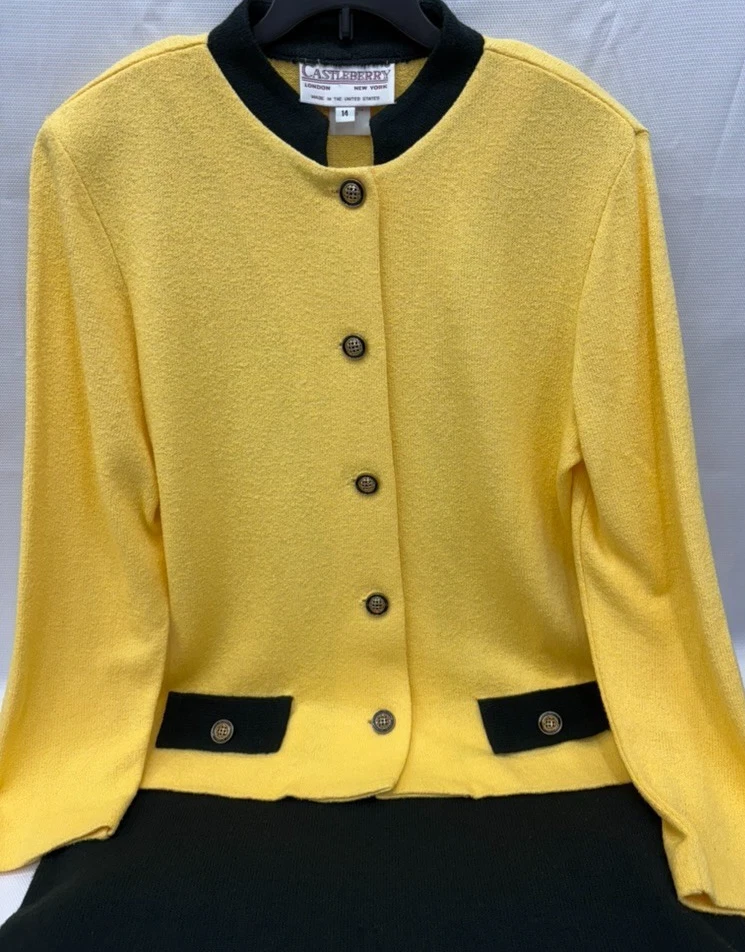Castleberry Knit Suit Jacket Skirt Size 14 Yellow w Black Skirt/Trim Vintage USA - Image 1 of 4