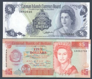 Caymand Islands 1 Dollar 1974 & Belize 5 Dollars 1990 - Picture 1 of 2