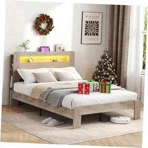 Wood Queen Bed Frame with Headboard, LED Lights, Charging Station with 2 USB - Picture 1 of 8