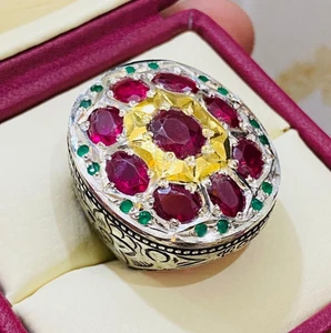 Multi Stones Rubies Stones Ring Heavy Big Ring For Men Statement Ring Engraved - Picture 1 of 6