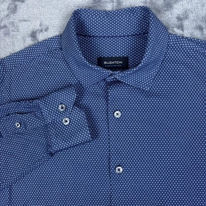 Bugatchi Shirt Mens M Blue Ooohcotton Tech 8 Way Stretch Geometric Button Up - Picture 1 of 12