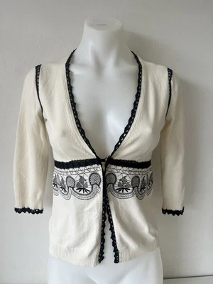 karen millen cardigan women 1 cream black cotton blend knit y2k vintage - Image 1 of 4