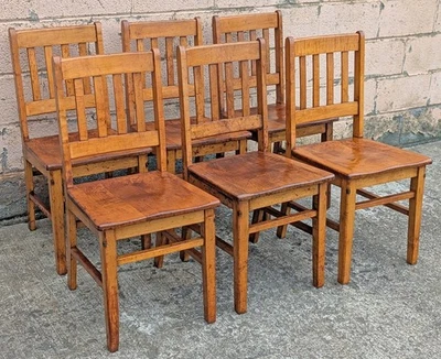 Set 6 Antique Vintage SOLID Maple Wood Wooden Spindle Back School Dining Chairs - Image 1 of 4