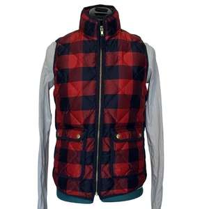 J Crew Vest Womens XS Red Navy Buffalo Plaid Quilted Puffer Down Fill Warm - Picture 1 of 9