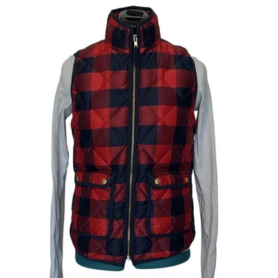 J Crew Vest Womens XS Red Navy Buffalo Plaid Quilted Puffer Down Fill Warm - Image 1 of 4