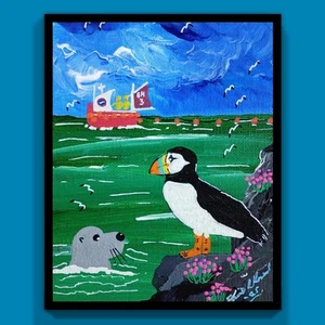 Pintura al óleo escocesa original de Seal & Puffin Coquet Isle David R Howard 7" X 5" - Imagen 1 de 3