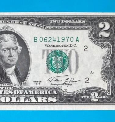 June 24, 1970 : B 06241970 A $2 Two Dollar Bill BIRTHDAY Note 1976 Series *UNC* - Image 1 of 3