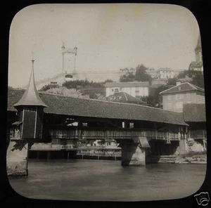 Glass Magic Lantern Slide LUCERNE - THE OLD BRIDGE  C1890 SWITZERLAND L88 - Picture 1 of 2