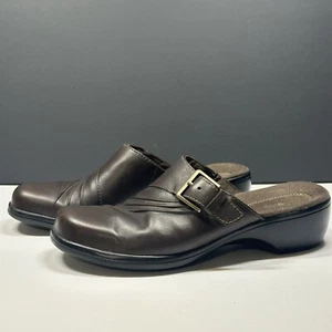 Clarks Shoes Women 8M Mule Clogs Leather Brown Casual Buckle Wedge Slip On Comfy - Picture 1 of 7