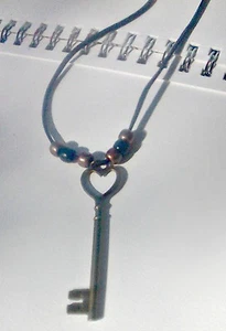 Brass Key Pendant Necklace with blue cord with beads - Picture 1 of 6