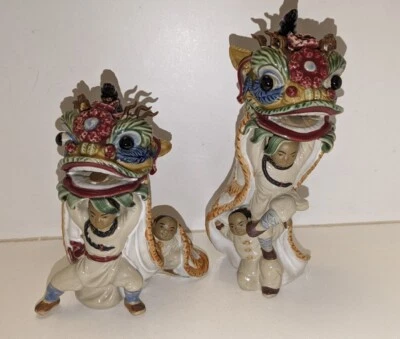 STUNNING CHINESE WONG FEI HUNG LION DANCE POTTERY FIGURES MARTIAL ARTS - SIGNED - Image 1 of 4