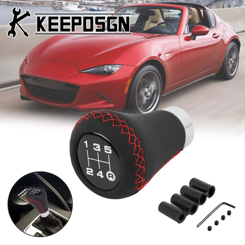 Car Manual Gear Shift Knob 5 Speed Black Red Leather Protect for Mazda Miata MX5 Foto 1 de 4
