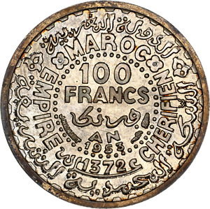 MOROCCO (French Protectorate) 100 Francs 1953 Silver Piefort Essai NGC MS67 Top!