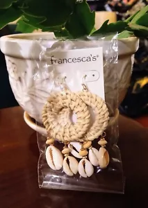 Tan Woven Hoop Earrings With Cowrie Shells and Gold Accents MSRP $24 - Picture 1 of 3
