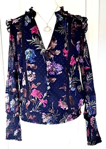 BNWT Love & Roses Next Lipsy Shirred Navy Mix Lace Trim Blouse Size 12 RRP £40 - Picture 1 of 9