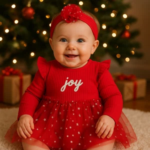 NWT Little Me 9 Months Baby Girls 2pc "Joy" Bodysuit Red Glittered Ruffled Tulle - Picture 1 of 8