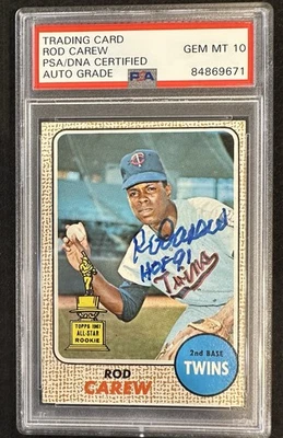 Rod Carew Autographed “HOF” 1968 Topps Rookie RC PSA 10 Auto Grade #80 Twins - Image 1 of 2