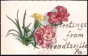 ARENDTSVILLE PA antike Glitzer-Gruß-Postkarte gelb rosa Nelken Vintage PC - Bild 1 von 1