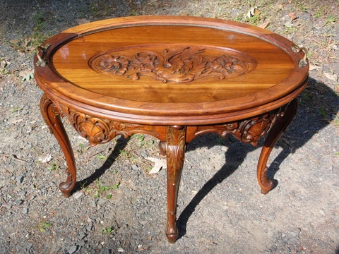 Early 1900's Hand Carved Oval Butlers Coffee Table Tea Table Glass Serving Tray Cover