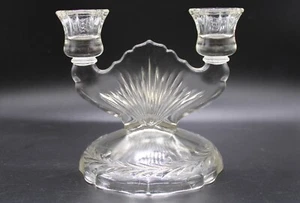 Vintage Jeannette Glass Sunburst Herringbone Etched Double Candle Holder 5.25" T - Picture 1 of 6