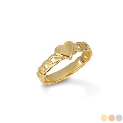 Gold Heart Cuban Chain Link Love Ring (Available in Yellow/Rose/White Gold) - Image 1 of 4