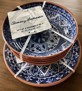 NEW TOMMY BAHAMA Blue Tile Terracotta Melamine Dinner Plates Bowls 8 Pcs Set