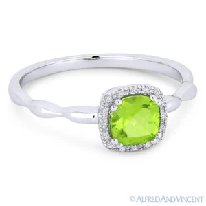 Anello promessa oro bianco 14 kt con pietra preziosa peridoto taglio cuscino 0,64 ct e aureola diamante - Foto 1 di 1