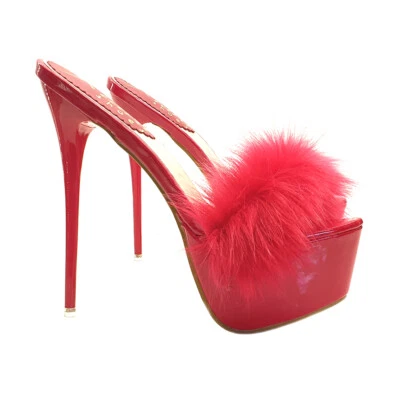 Open Toe cubista tacco a spillo 17.5 cm con pelliccia - KH104 ROSSO - Immagine 1 di 4