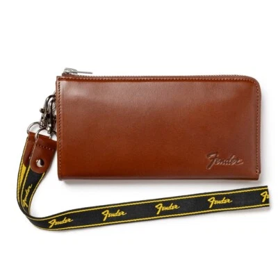 FENDER Cartera Larga en Forma de L Cremallera Marrón con púa de guitarra y cable de cartera Nuevo Foto 1 de 4
