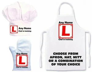PERSONALISED LEARNER CHEF PRINT APRON,CHEFS HAT, OVEN MITT SINGLE / CREATE SET - Picture 1 of 7