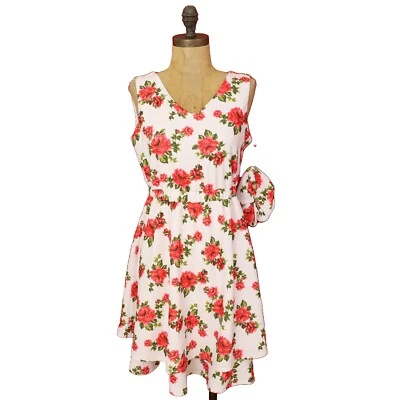 NICKIE LEW Girl's Rose Print Skater Dress W/ Matching Scrunchi  16 White NEW B59 - Image 1 of 4