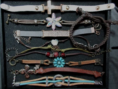 10 Leather Cord Bracelets 1-3 Strand Ladies Cross Hearts Flowers Circles Variety - Image 1 of 4