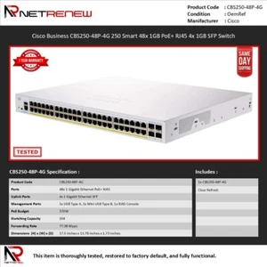 Cisco Business CBS250-48P-4G 250 Smart 48x 1GB PoE+ RJ45 4x 1GB SFP Switch - Picture 1 of 1