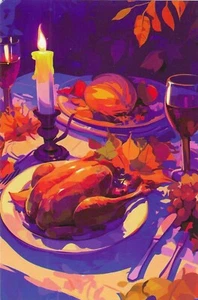 Thanksgiving Chrome Postcard Turkey Dinner Fall Autumn Setting - Picture 1 of 2