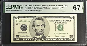 1999 $5 Federal Reserve Note Fr-1987-J* Kansas City PMG67 Superb Gem PPQ - Picture 1 of 2
