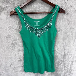 Old Navy Womens Sequin Trim V Neck Tank Top S Green Boho Glam Preppy Festival - Picture 1 of 8